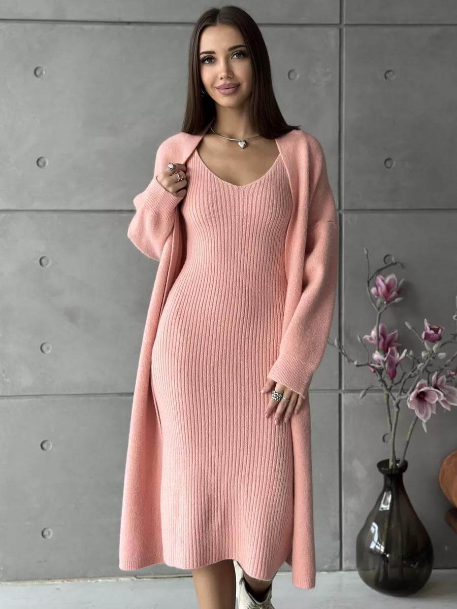 2 Pcs Knitted Suit Fashion Slim Sleeveless Long Dress And Casual Loose Cardigan