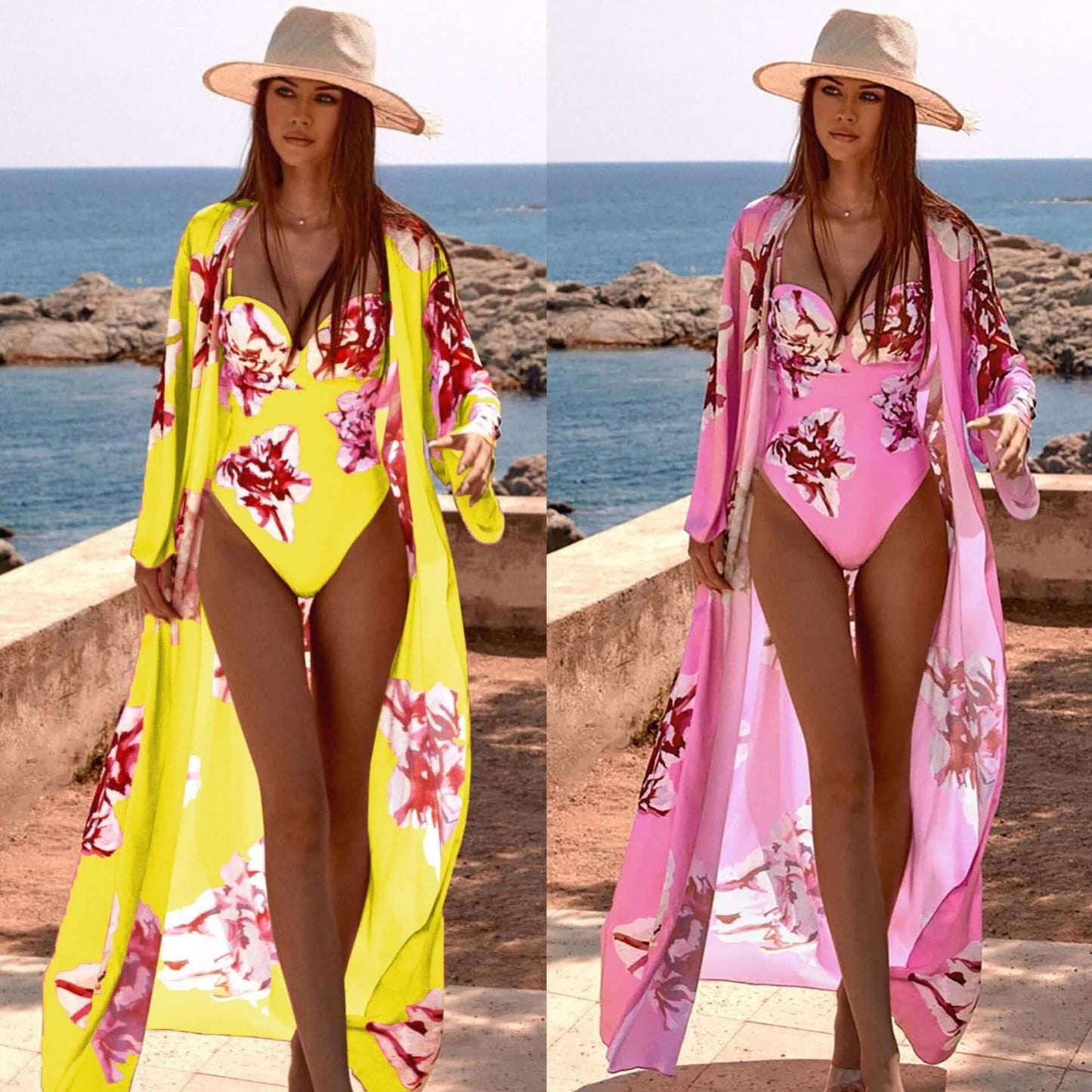 Two Piece Suit Long Sleeve Mesh Blouse Cross Border Sexy Printed Swimsuit