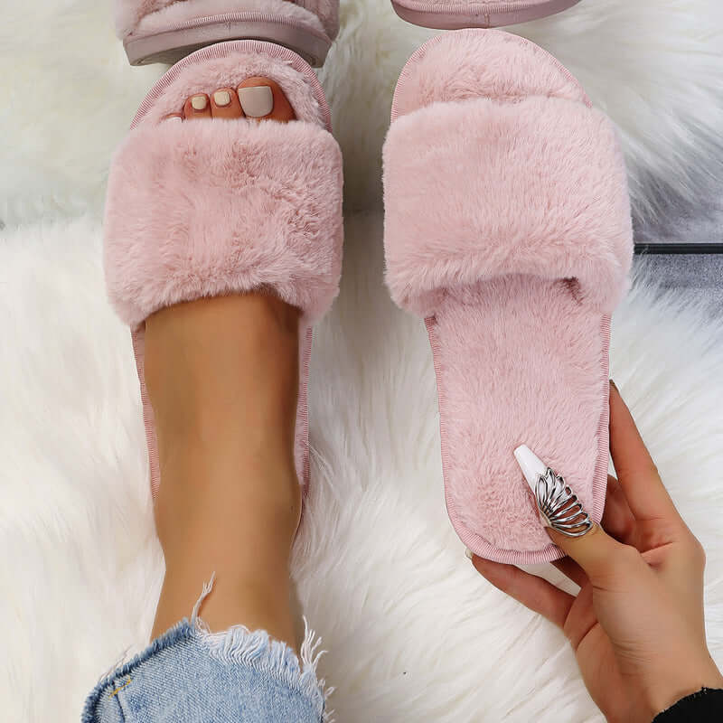 Fluffy Women's Indoor Lazy Plush Slippers Flat Cotton Slippers