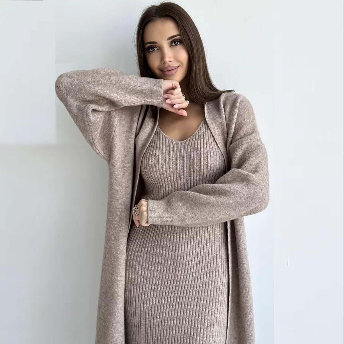 2 Pcs Knitted Suit Fashion Slim Sleeveless Long Dress And Casual Loose Cardigan