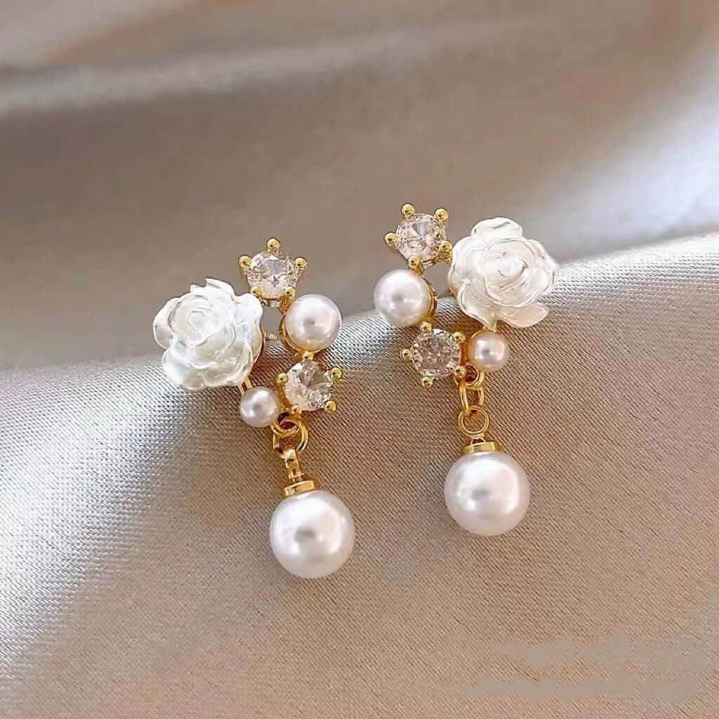 Camellia Pearl Zircon Small Eardrops Fashion Earrings