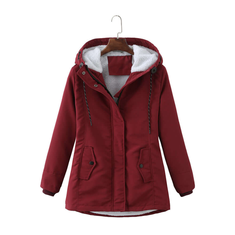 European Size Ladies Hooded Lambswool Parka Winter Warm Waist Women's Cotton Padded Coat