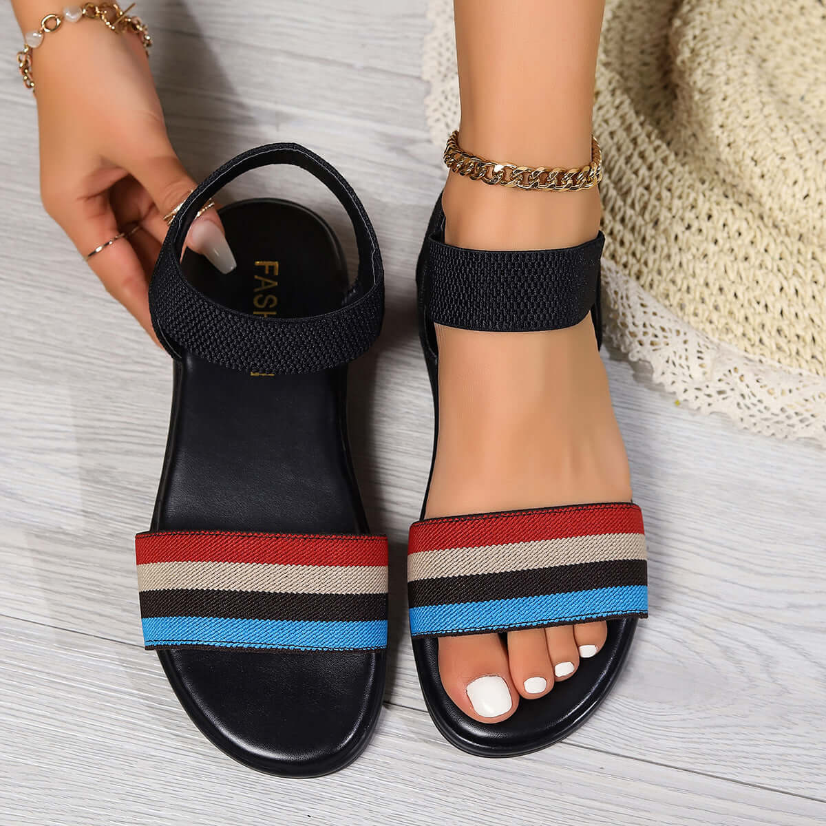 Color Block Elastic Sandals Summer Fashion Fish Mouth Flat Shoes