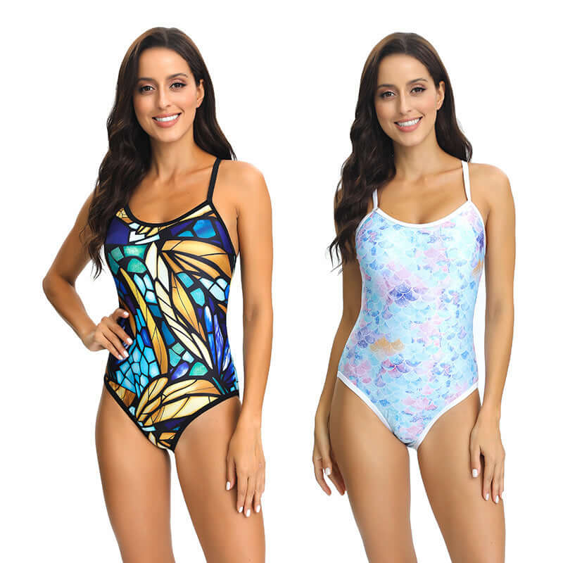 Printed Siamese Triangle Cross Adjustable Shoulder Strap Swimsuit