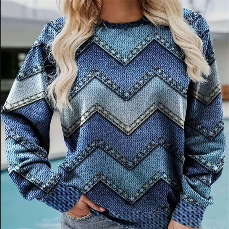 Round Neck Long Sleeve Casual Sweatshirt Loose Plus Size Print Sweatshirt