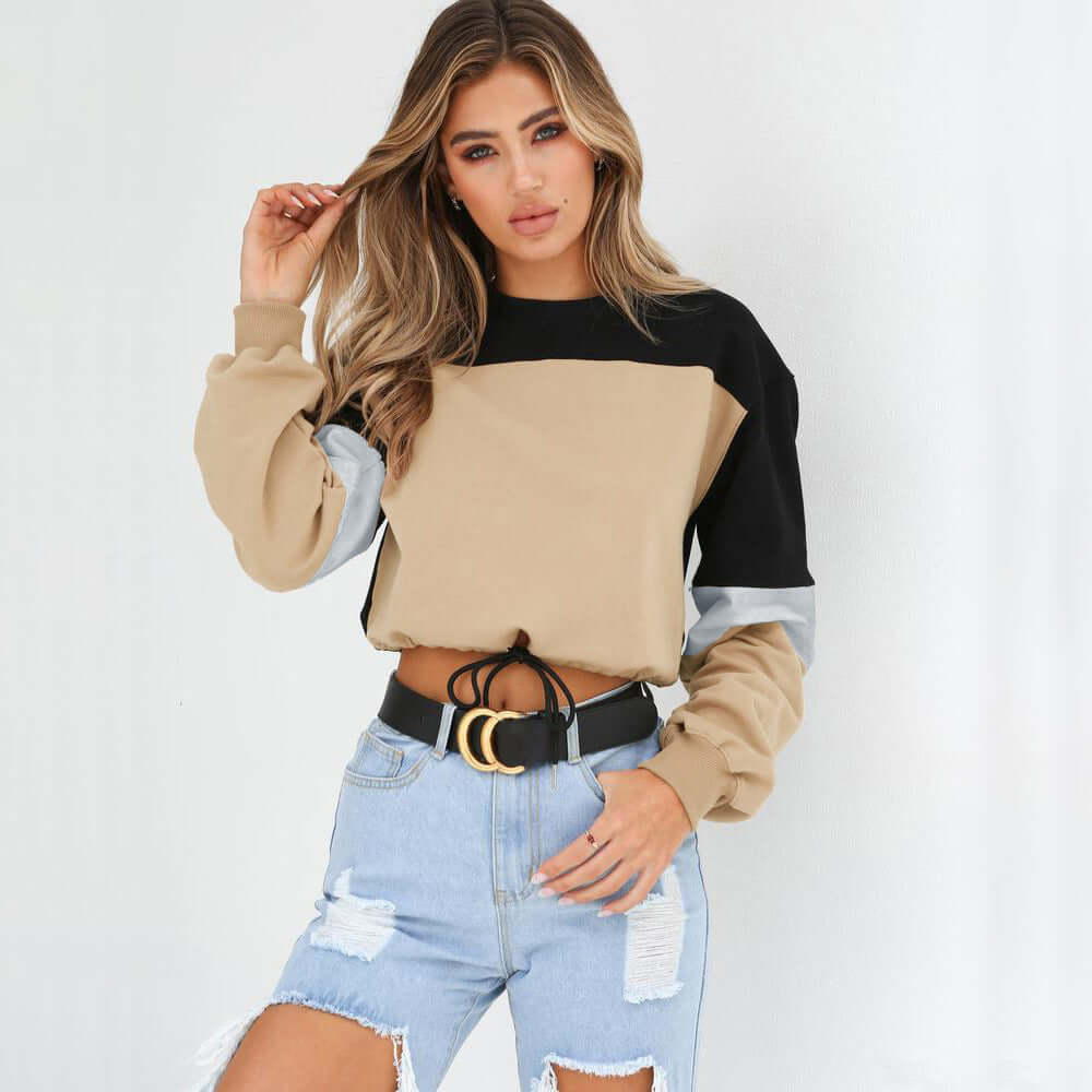 Autumn Patchwork Round Neck Lace Up Sweater