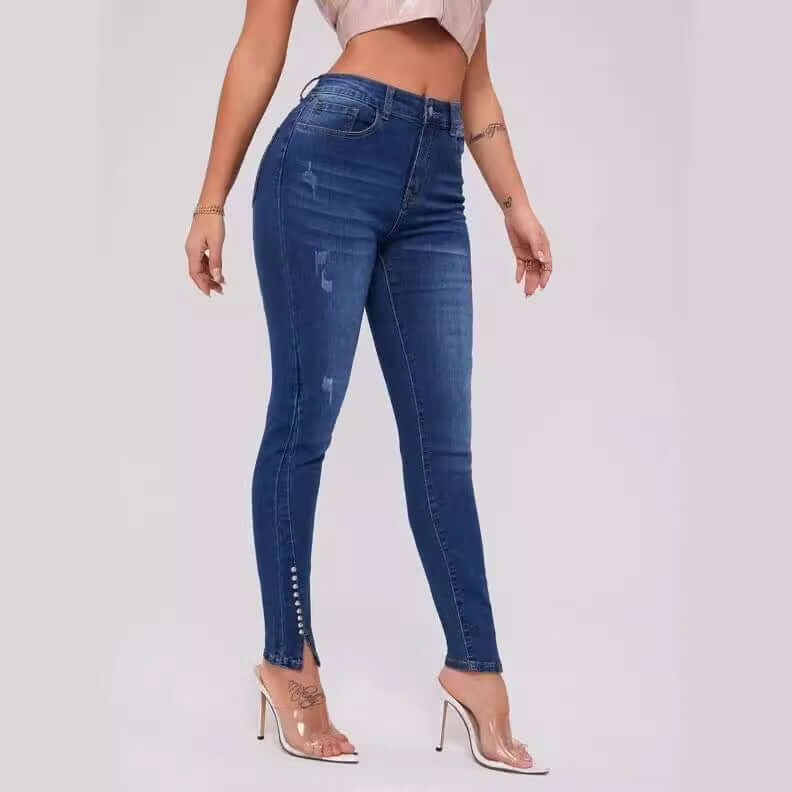 Slim Fit Patchwork High Waist Stretch Jeans