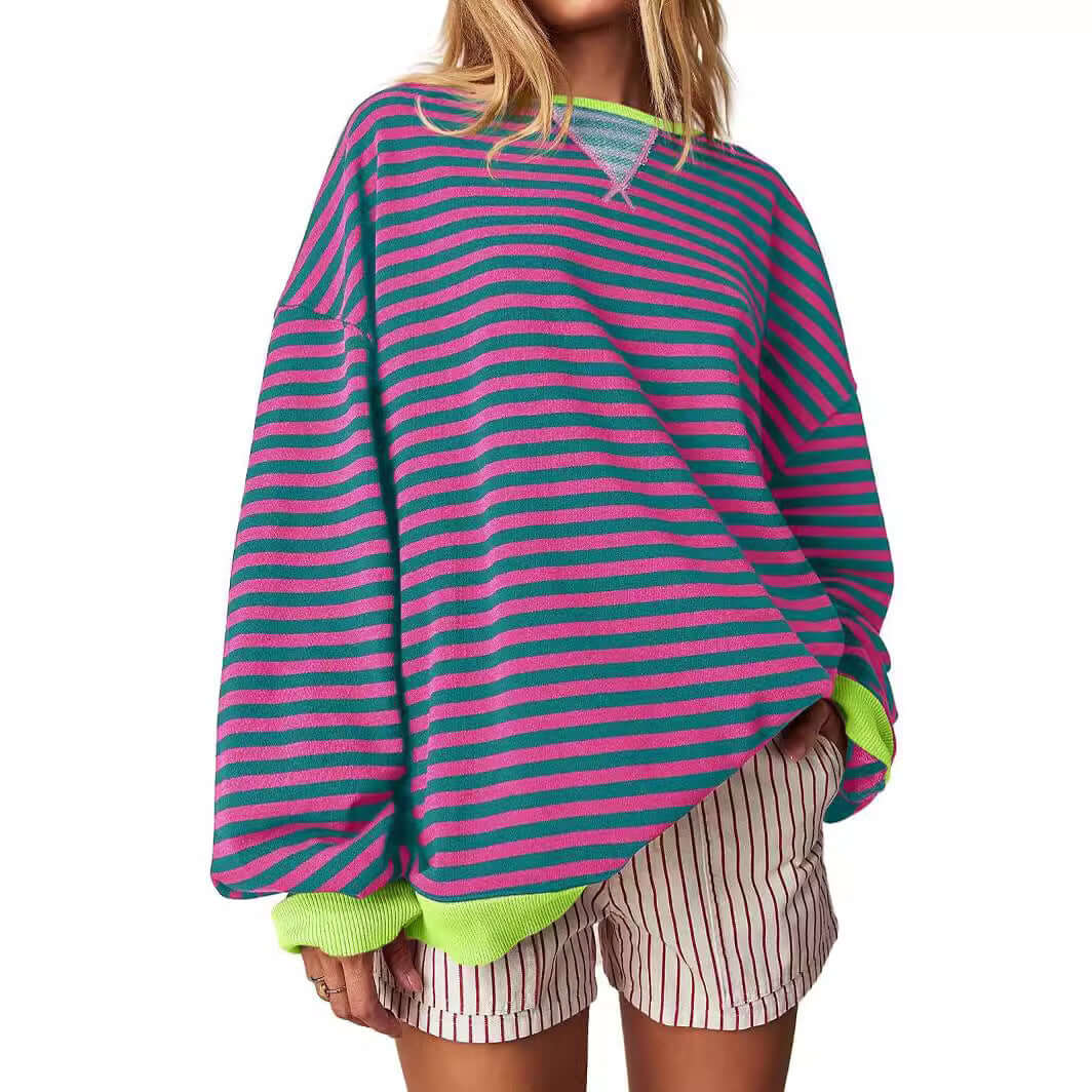 Women's Striped Embroidered Stitching Color Inserted Pullover Sweater