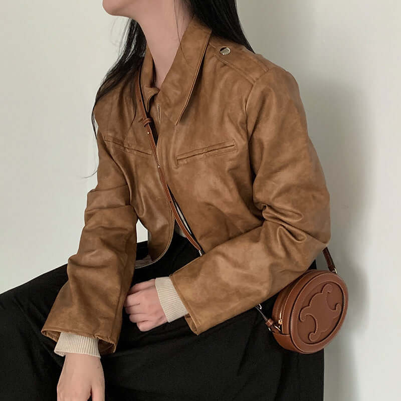 Women's Retro Hong Kong Style Lapel Leather Jacket