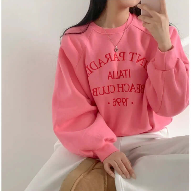 Light Letters Embroidery Velvet Thick Round Neck Sweatshirt