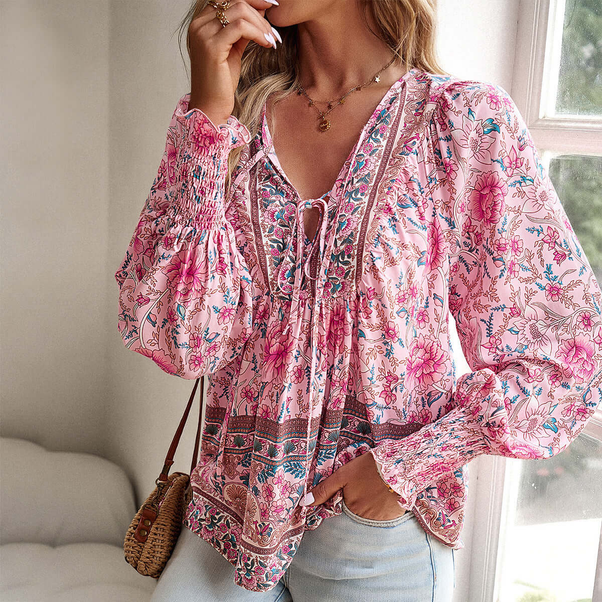 Stylish Printed Shirt Women V-neck Long Sleeve Top