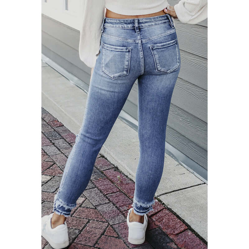 Spring Four Seasons Skinny Ripped Fashionable Frayed Hem Skinny Jeans