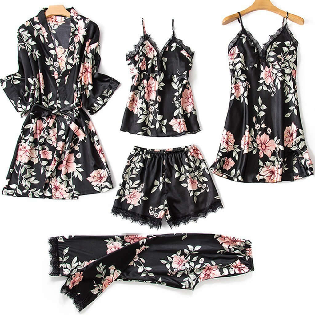 Pajamas Printed Women's Imitation Sling Sleeping Loose Comfortable Lace Five Piece Set