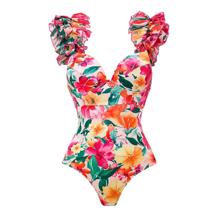 Flounced Backless Floral Beach Vacation Swimsuit Suit