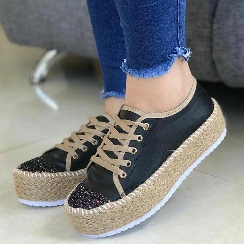 Sponge Cake Twine Bottom Sequined Lace Up Platform Fisherman Casual Shoes