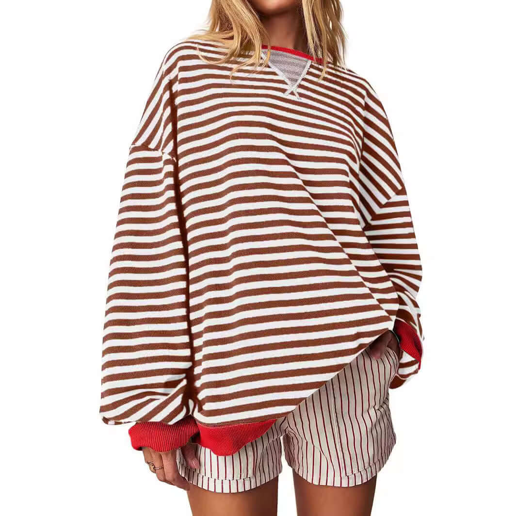 Women's Striped Embroidered Stitching Color Inserted Pullover Sweater