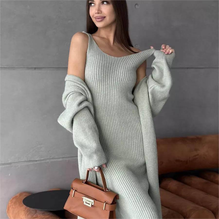 2 Pcs Knitted Suit Fashion Slim Sleeveless Long Dress And Casual Loose Cardigan