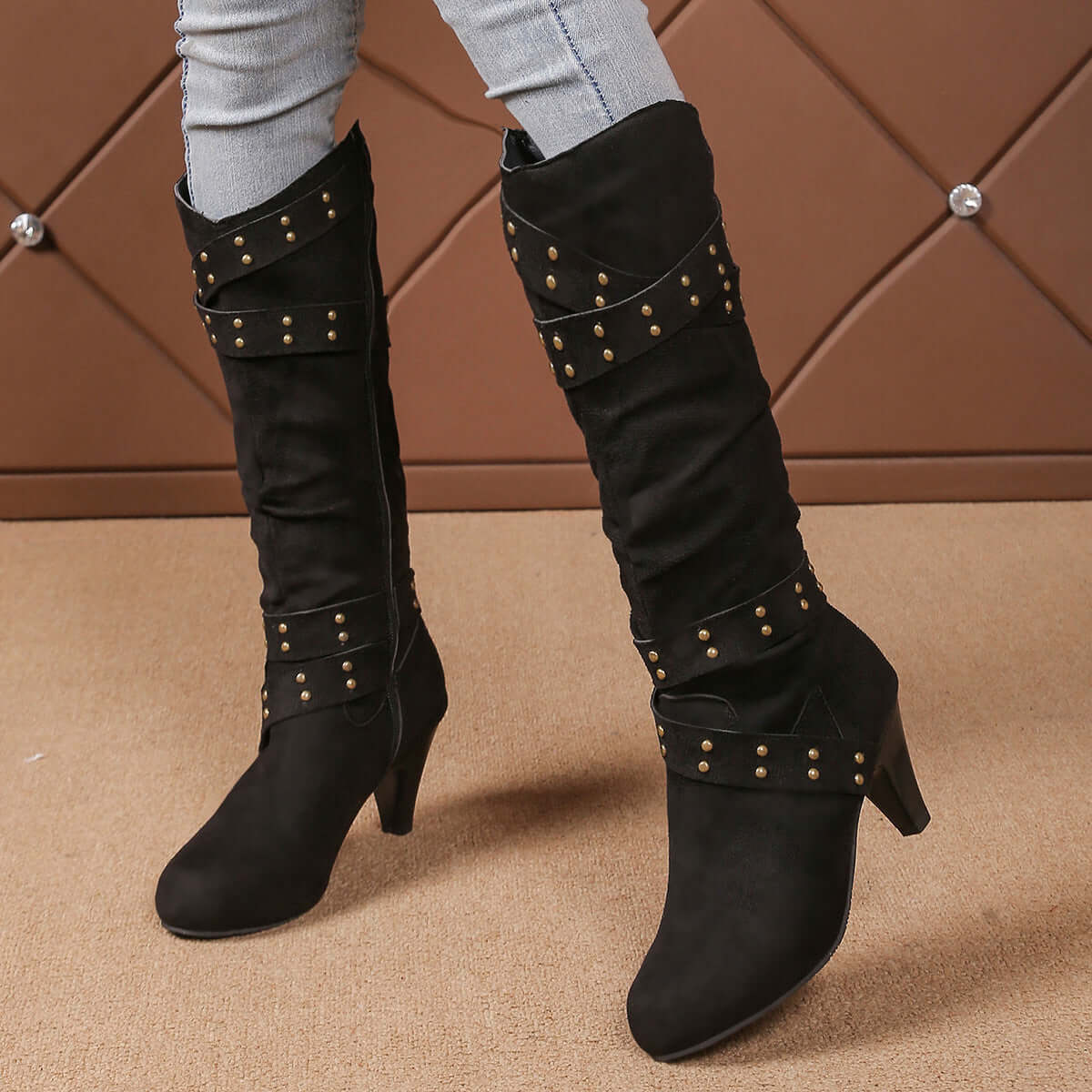 High Heel Boots With Cross Strap Rivet Western Cowboy Boot