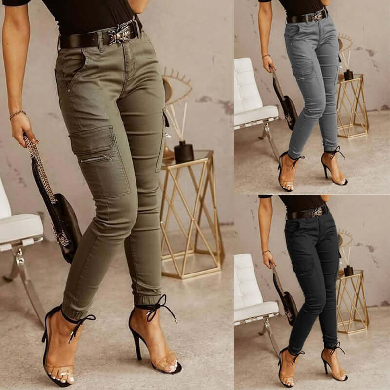 Women's Trousers, Low Waisted Buttons, Solid Color Pockets