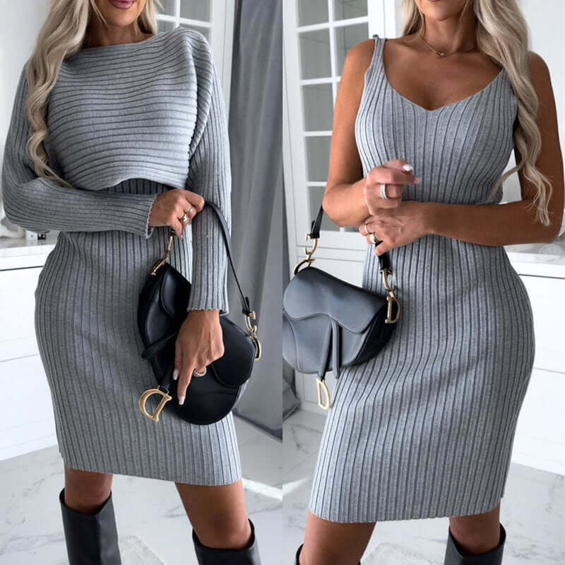 Women's Suit Solid Stripe Long Sleeved Top And Suspender Skirt