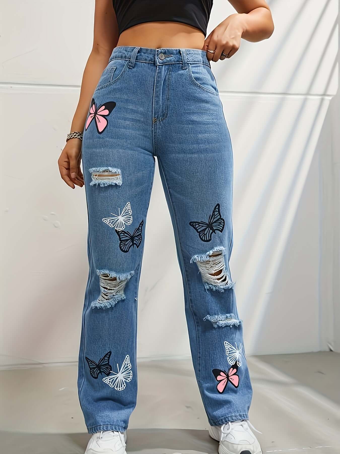 Trendy Butterfly Print Ripped Distressed High Waisted Straight Leg Jeans