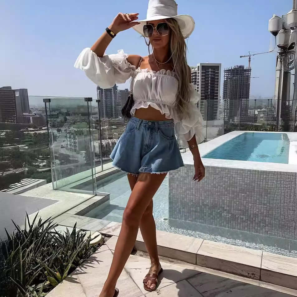 Women's Wide Leg Fringe Ripped Denim Shorts