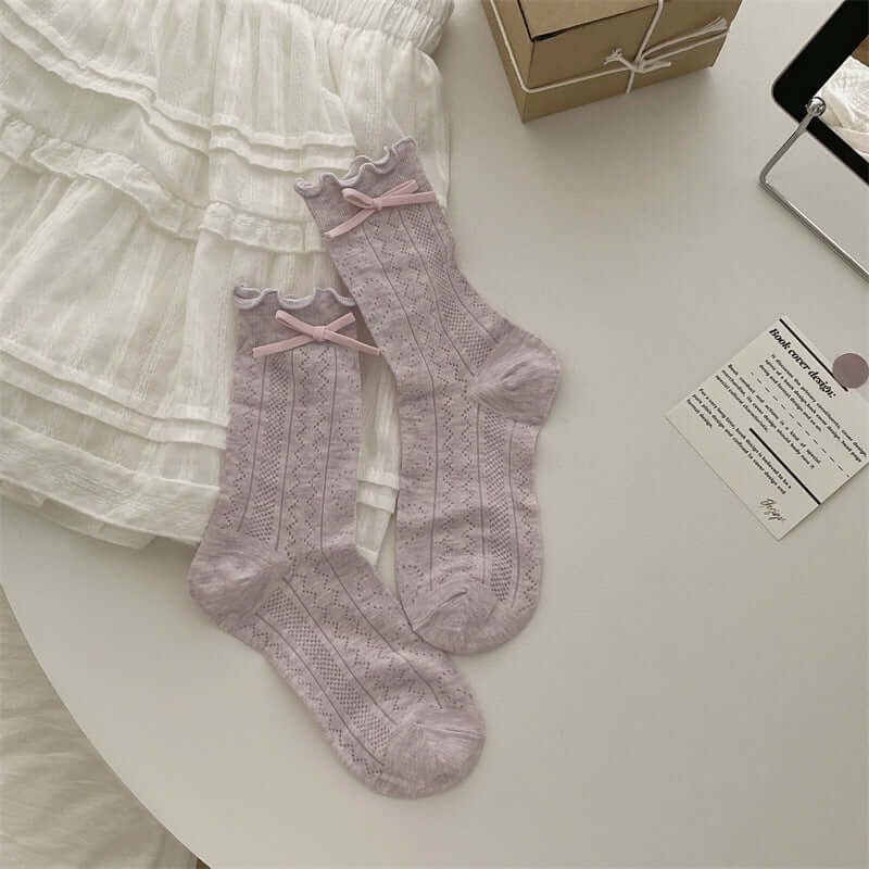 Thin Mesh Solid Color Bow Mid Calf Length Loose Socks Breathable Sweat Absorbing