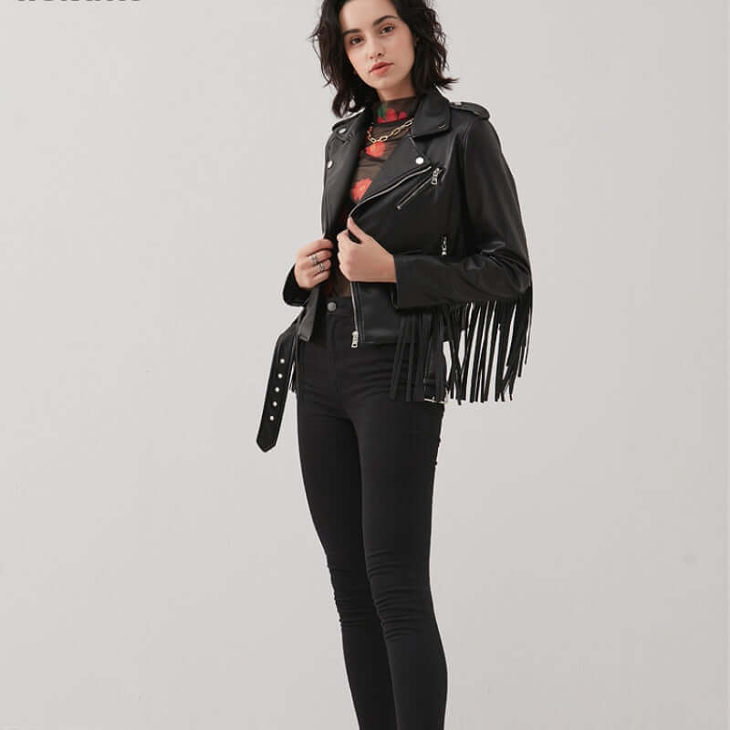 New Women's Tassel Short Slim Leather Look Jacket Motorcycle