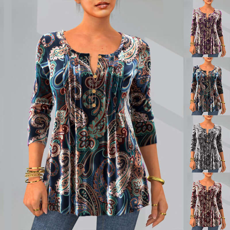 Fashion Print Round Neck Long Sleeve Top