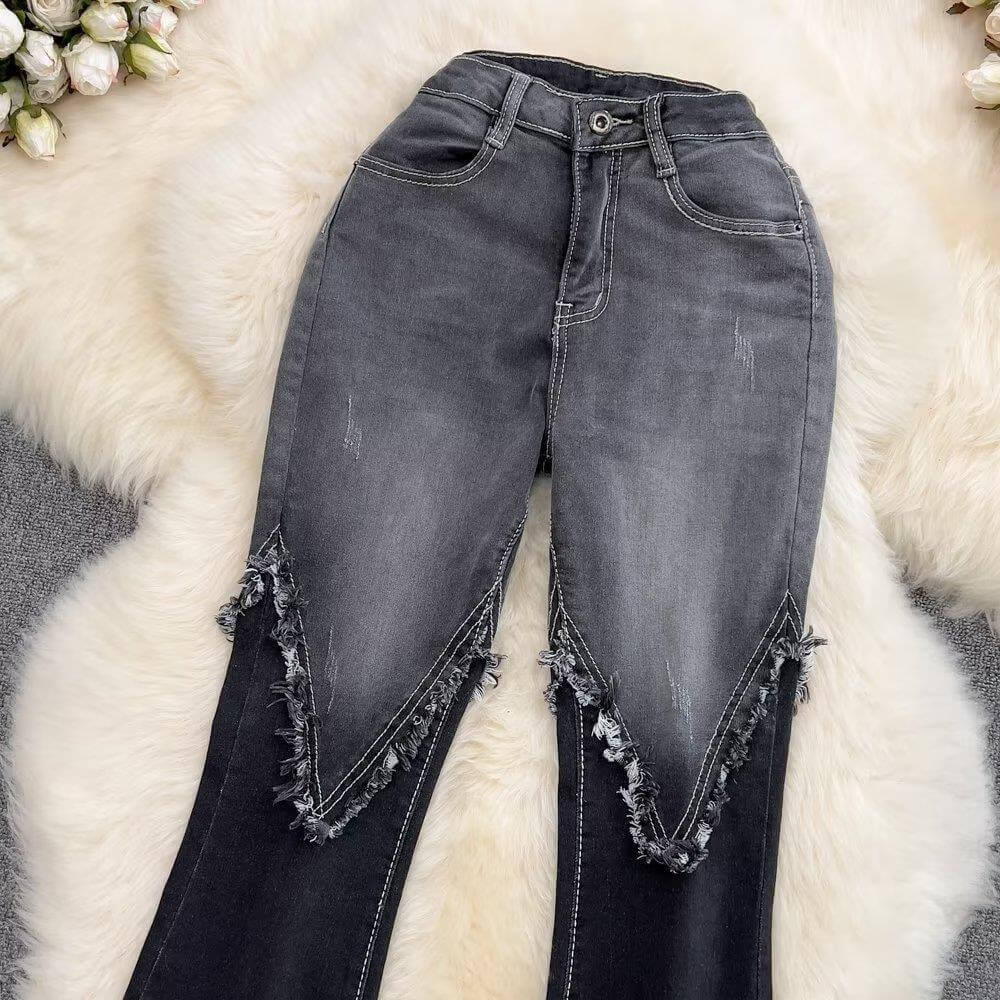 Color Matching Fashionable Elegant Bell Bottom Pants Jeans High Waist Slim Fit Slimming