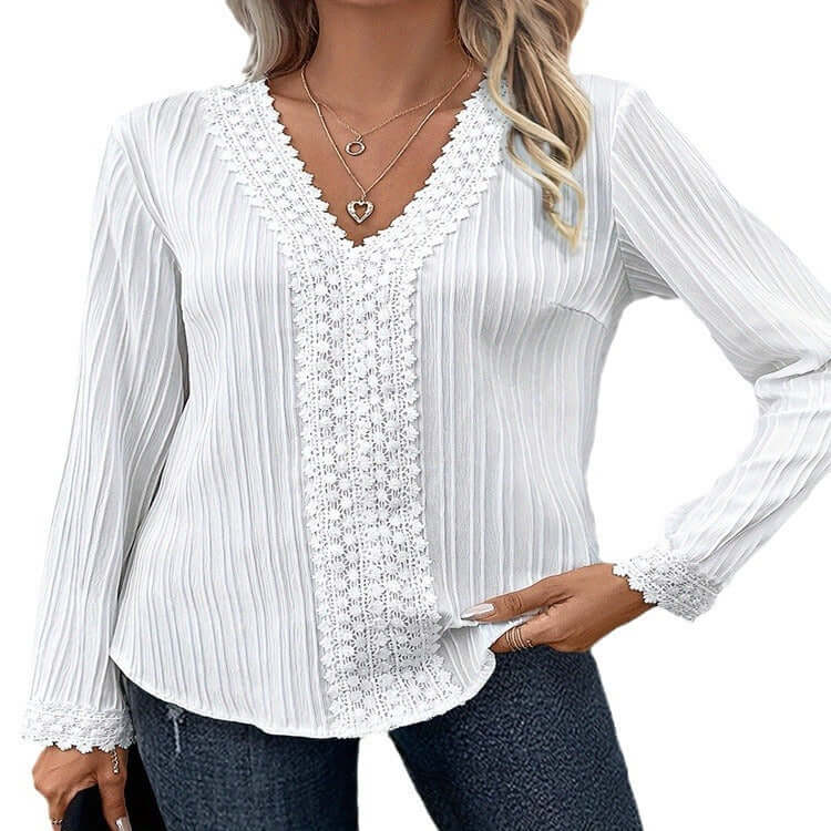 V Neck Elegant Lace Stitching Long Sleeved Shirt