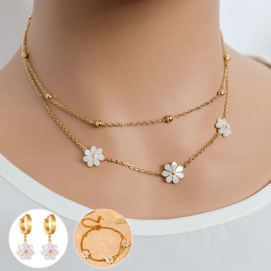 Fashion Jewelry Flower DaisyFlower Necklace Double Layering Necklace Earrings Jeweley Set