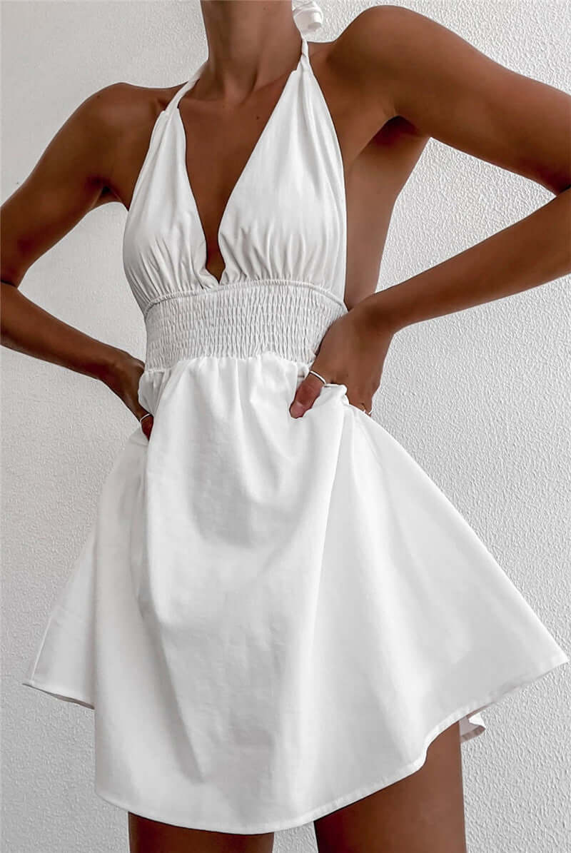 Deep V Neck Lace Up Waist Controlled White Dress With Chest Pad