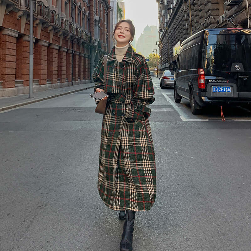 Green Plaid Loose Mid Length Woollen Coat