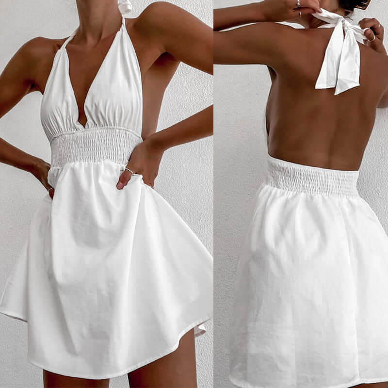 Deep V Neck Lace Up Waist Controlled White Dress With Chest Pad