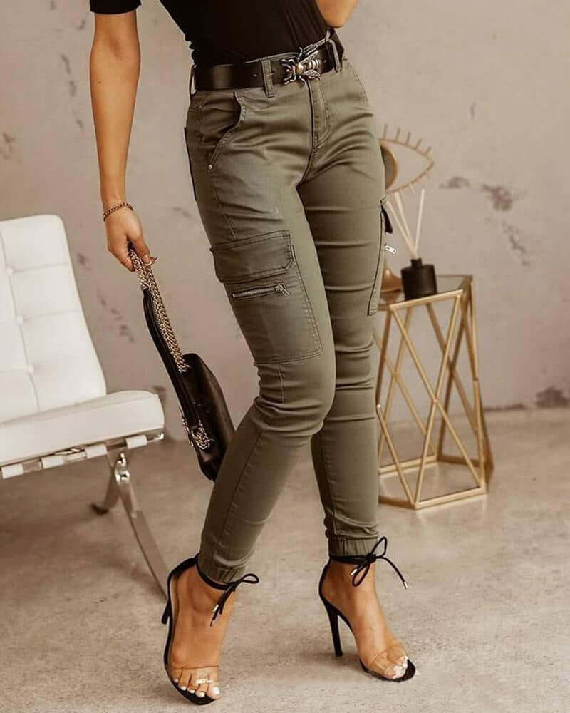 Women's Trousers, Low Waisted Buttons, Solid Color Pockets