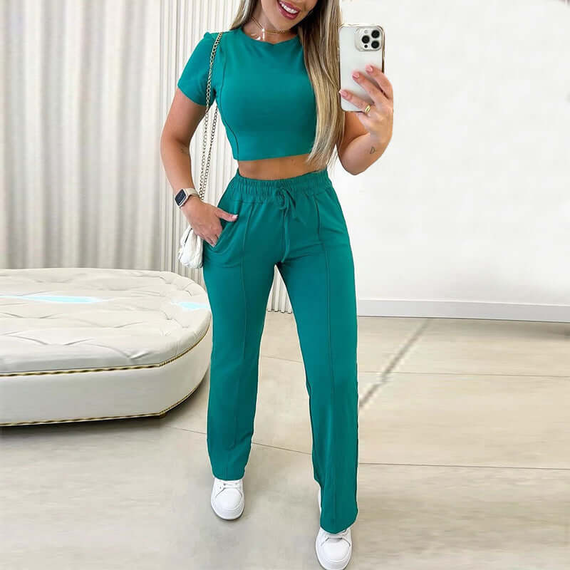 Round Neck Short Sleeve Straight Pants Sports Casual Suit