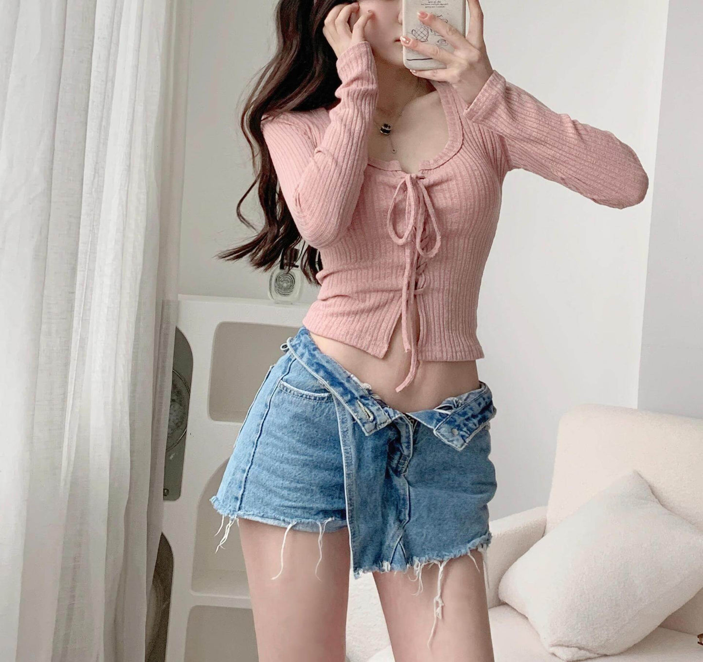 Women's U Neck Lace Up Cardigan Low Collar Long Sleeves T-shirt