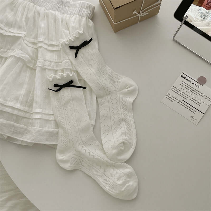 Thin Mesh Solid Color Bow Mid Calf Length Loose Socks Breathable Sweat Absorbing