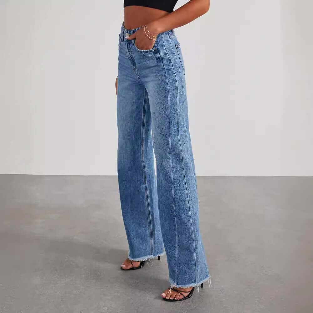 Women's Loose Wide Leg Side Seam Stitching Frayed Hem Jeans