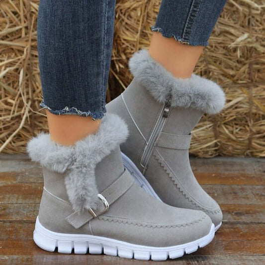 New Snow Boots Winter Warm Thickened Solid Color Plush Ankle Boots With Buckle Design Plus Velvet Flat Shoes