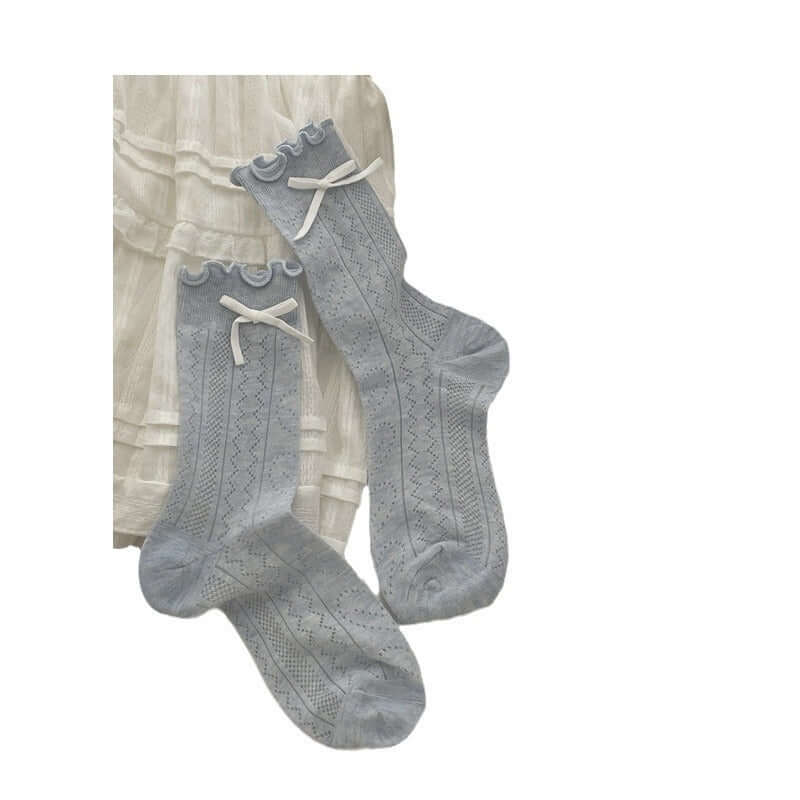 Thin Mesh Solid Color Bow Mid Calf Length Loose Socks Breathable Sweat Absorbing