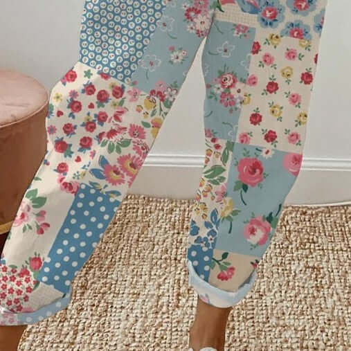 Women's Creative Flower Adjustable Waist Trousers High Waist Straight Pants