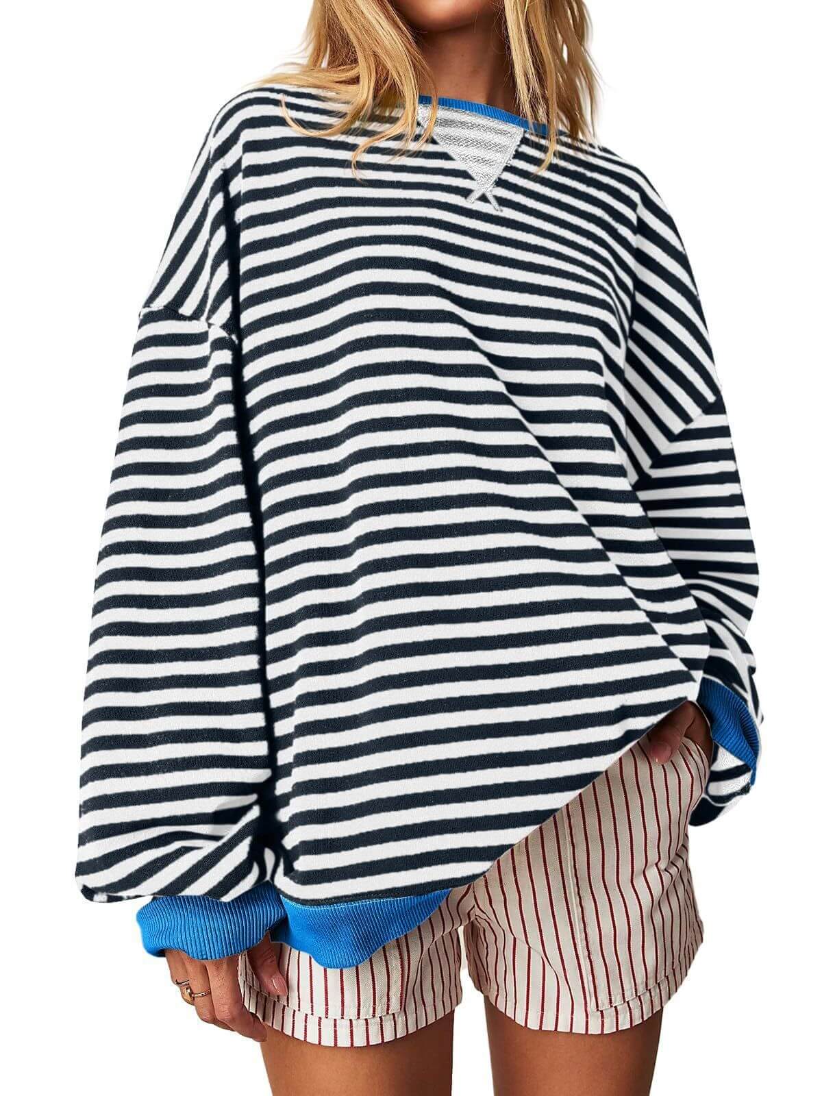 Women's Striped Embroidered Stitching Color Inserted Pullover Sweater