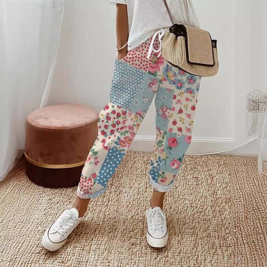 Women's Creative Flower Adjustable Waist Trousers High Waist Straight Pants