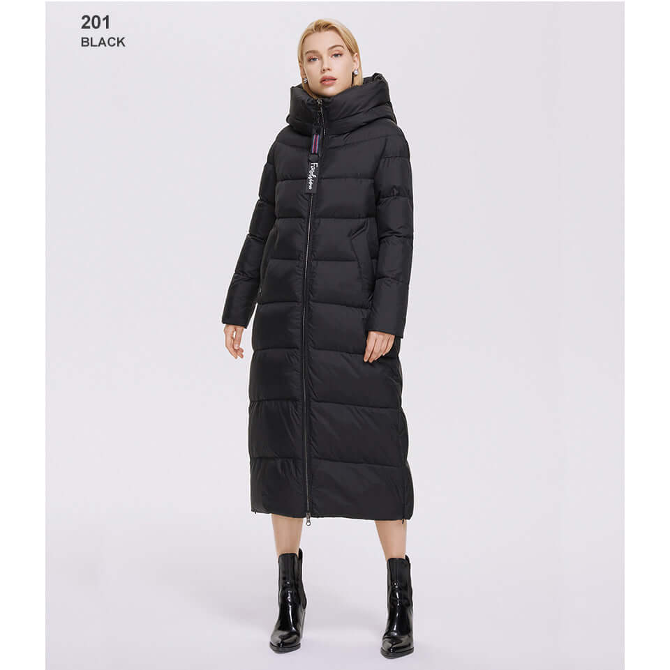 Hooded Stand Collar Coat Extra Long Thermal And Windproof Zipper Cotton Padded Coat