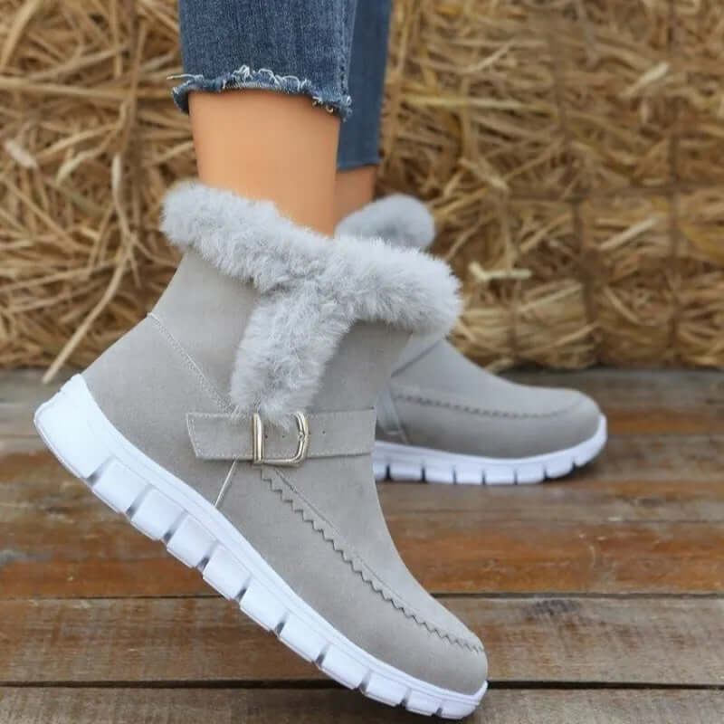 New Snow Boots Winter Warm Thickened Solid Color Plush Ankle Boots With Buckle Design Plus Velvet Flat Shoes