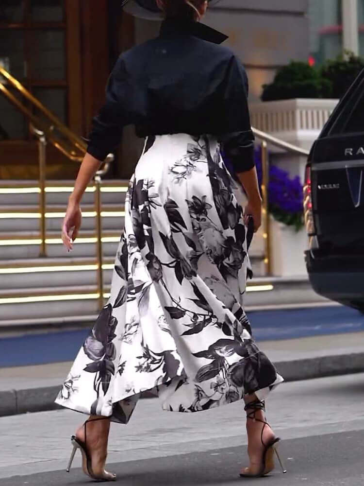 Solid Color Long Sleeved Shirt & Printed Wide Skirt Suit