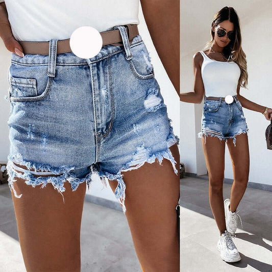 Ladies High Waist Ripped Washed Tassel Sexy Slim Fit Denim Shorts