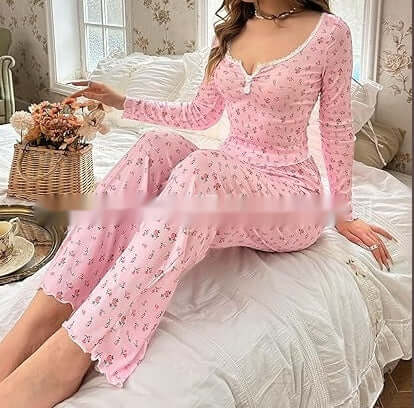 Small Floral Print Lettuce Edge Lace Collar Button Pyjamas Suit